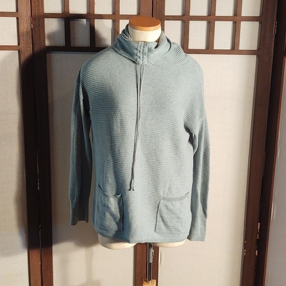 Dakini Horizontal Ribbed Blue Drawstring Turtleneck Top Sz M
